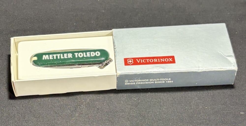 🚨 VINTAGE VICTORINOX METTLER TOLEDO Green Swiss Army Knife In Orig Box 🔪